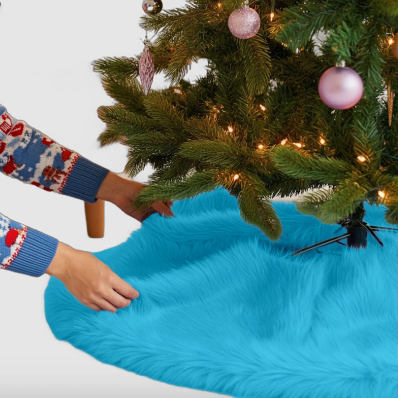 FabricLA Turquoise Faux Fur Tree Skirt Cut - 48-Inches with Rounded Edges (No Backing) for Christmas